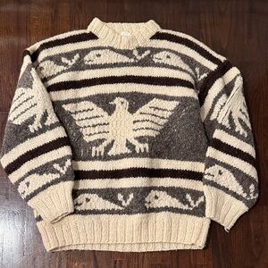 World Beat Hand Knit Vintage Sweater Eagle Whales Cowichan Style M